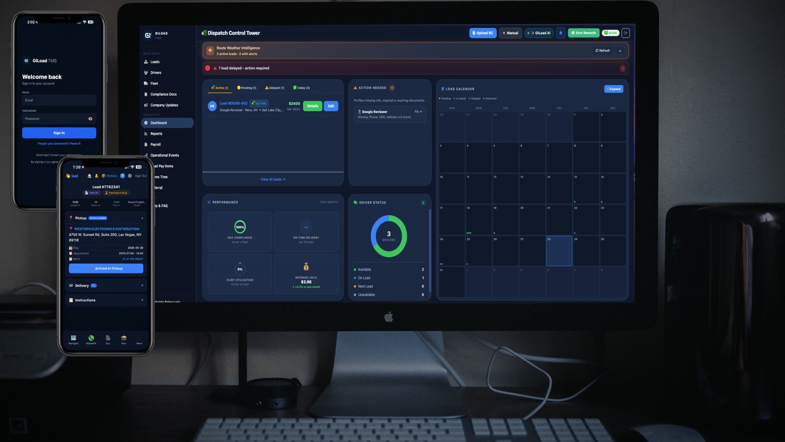 GILoad dispatch dashboard on Apple Studio Display with mobile apps in front